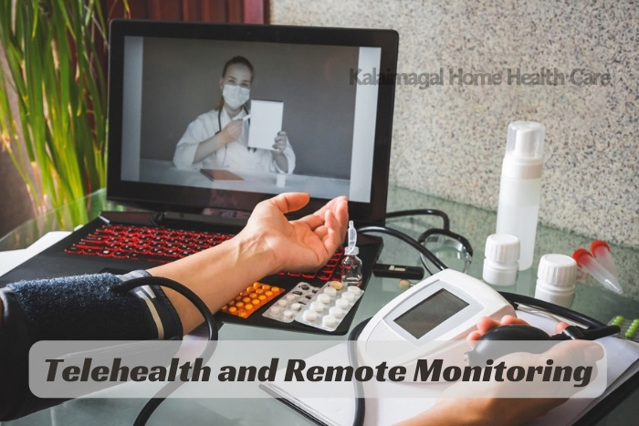 Patient in Coimbatore using a blood pressure monitor during a telehealth consultation, with Kalaimagal Home Health Care's remote monitoring services in the background