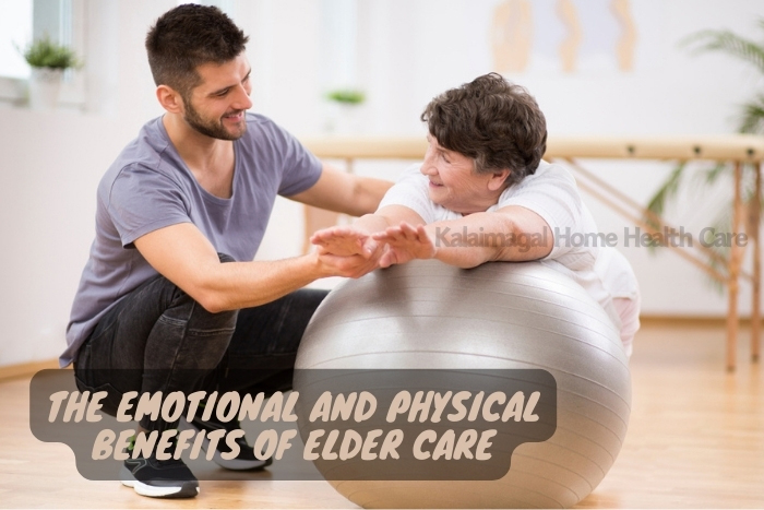 Senior woman enjoying a physiotherapy session with a supportive caregiver, illustrating the emotional and physical benefits of elder care