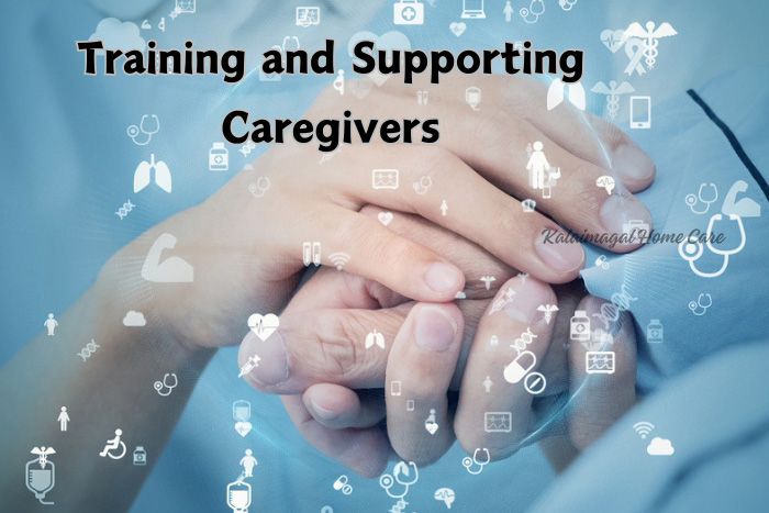 Professional caregiver hands clasped over a senior's hand, with digital healthcare icons, symbolizing Kalaimagal Home Care's focus on training and supporting caregivers in the Coimbatore region.