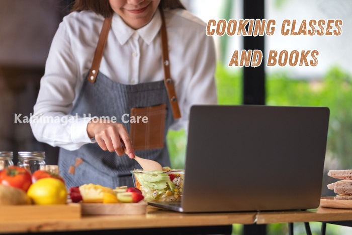 Woman in an apron following a cooking class online, highlighting the cooking classes and book recommendations provided by Kalaimagal Home Care in Coimbatore to elevate culinary skills at home.