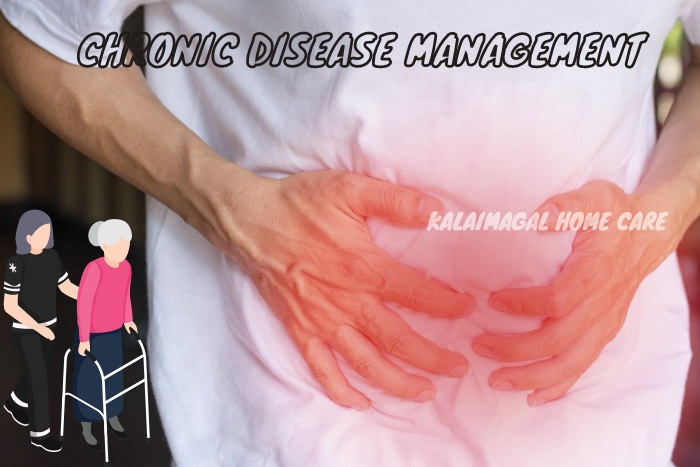 Close-up of an individual holding their stomach in discomfort, highlighting the chronic disease management services provided by Kalaimagal Home Care in Coimbatore to support patients with ongoing health conditions