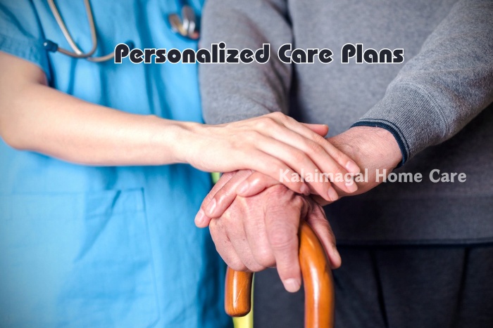 Nurse holding hands with a senior patient using a walking cane, symbolizing the compassionate and personalized care plans provided by Kalaimagal Home Care in Coimbatore.