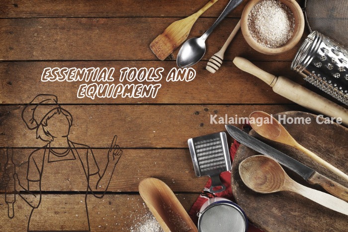 A variety of essential kitchen tools and equipment arranged on a wooden surface, representing the importance of proper culinary gear provided by Kalaimagal Home Care for gourmet home cooking in Coimbatore