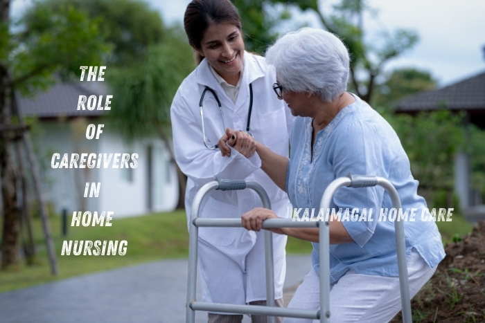 Kalaimagal Home Care in Coimbatore - The Role of Caregivers in Home Nursing. Compassionate caregiver assisting an elderly woman using a walker, emphasizing personalized and professional home nursing care. Trusted home care services enhancing senior well-being in Coimbatore