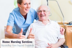 A smiling nurse in blue scrubs giving a thumbs up alongside a happy elderly man in a wheelchair, showcasing the comprehensive home nursing services provided by Kalaimagal Home Care. Our team in Coimbatore is dedicated to expanding care beyond hospitals, ensuring high-quality, compassionate care for seniors in the comfort of their homes