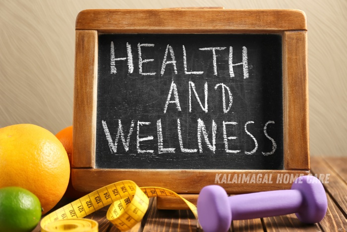 Kalaimagal Home Care in Coimbatore - Health and Wellness. Chalkboard displaying 'Health and Wellness' surrounded by fruits, a measuring tape, and a dumbbell. Emphasizing our commitment to promoting healthy living through personalized home cook services and senior care in Coimbatore