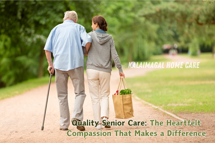 A caregiver assisting an elderly man with a cane, illustrating the heartfelt compassion and quality senior care provided by Kalaimagal Home Care. Located in Coimbatore, our dedicated services ensure the well-being and comfort of seniors, making a positive difference in their daily lives.