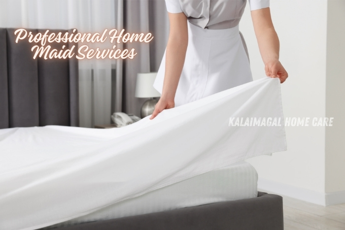 A professional maid making a bed with crisp white sheets, showcasing the expertise and reliability of Kalaimagal Home Care's professional home maid services in Coimbatore. Enhance your home with our dedicated and meticulous housekeeping solutions