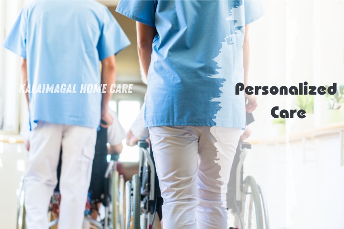 Nurses in blue uniforms attending to patients in wheelchairs, emphasizing the personalized care provided by Kalaimagal Home Care. Our dedicated team in Coimbatore ensures tailored home nursing services to meet the unique needs of each individual, enhancing their quality of life at home