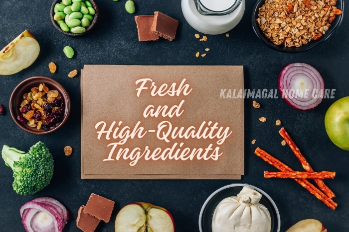 Kalaimagal Home Care in Coimbatore - Fresh and High-Quality Ingredients. Showcasing a variety of nutritious ingredients including vegetables, fruits, nuts, and dairy products used in our personalized home cook services. Ensuring healthy and delicious meals for our clients in Coimbatore.