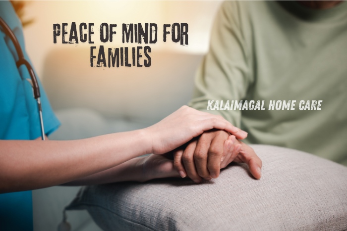 A nurse holding the hand of an elderly person, symbolizing the peace of mind provided to families by Kalaimagal Home Care. Located in Coimbatore, our compassionate and professional home care services ensure that your loved ones receive the best care and support, enhancing their quality of life at home