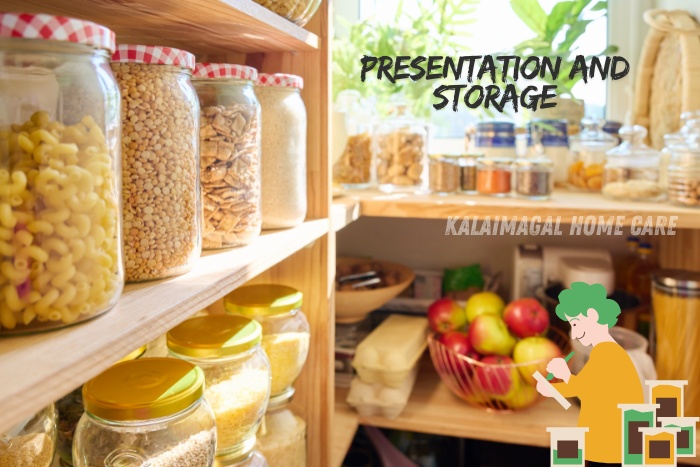 Kalaimagal Home Care in Coimbatore - Presentation and Storage. Well-organized pantry with neatly arranged jars of pasta, grains, and fresh produce. Highlighting meticulous presentation and effective storage solutions provided by our personalized home cook services for a clutter-free and efficient kitchen