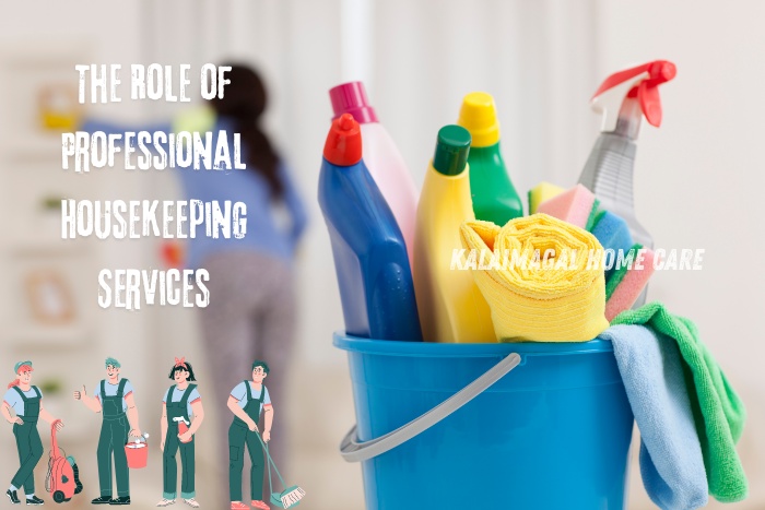 Kalaimagal Home Care in Coimbatore - The Role of Professional Housekeeping Services. Close-up of a blue cleaning bucket filled with various cleaning supplies, highlighting the importance of professional housekeeping in maintaining a clean and healthy home. Trusted housekeeping services provider in Coimbatore