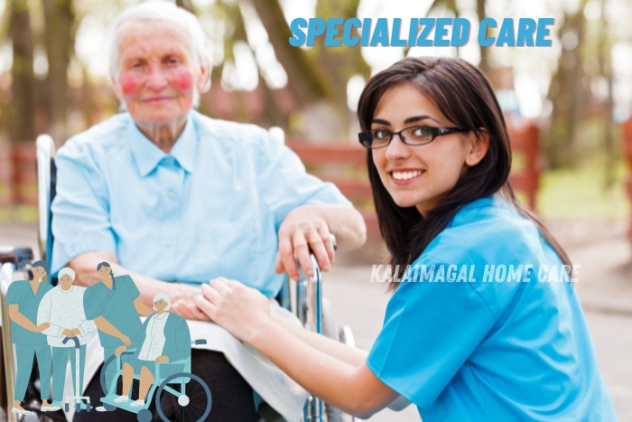 Specialized care for seniors provided by Kalaimagal Home Care in Coimbatore. Compassionate caregiver assisting an elderly woman in a wheelchair, ensuring personalized and professional support. Trusted senior care services in Coimbatore for enhanced well-being and quality of life.