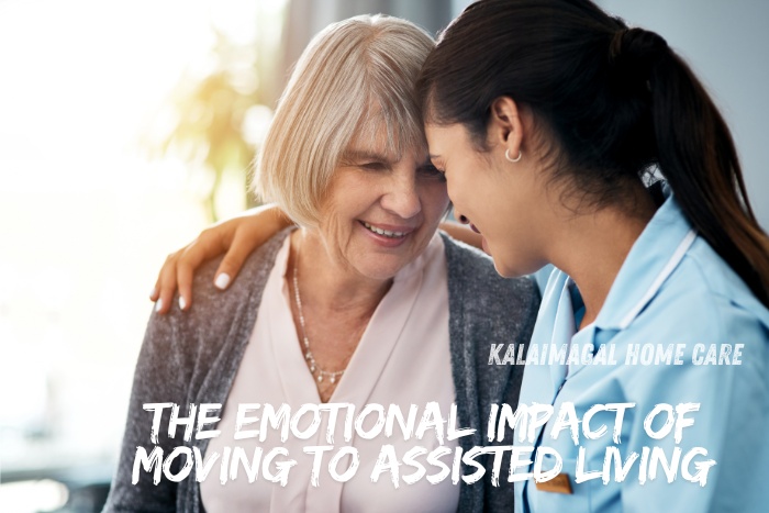 A smiling elderly woman is comforted by a compassionate caregiver from Kalaimagal Home Care in Coimbatore, highlighting the emotional support provided during the transition to assisted living.