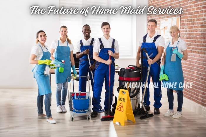 Kalaimagal Home Care in Coimbatore: A team of professional home maids equipped with modern cleaning tools, showcasing the future of home maid services with advanced techniques and customer-focused care