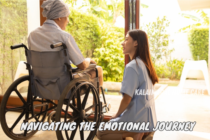 A compassionate caregiver from Kalaimagal Home Care in Coimbatore providing emotional support to an elderly patient in a wheelchair, symbolizing the empathetic care and guidance offered during the emotional journey of assisted living