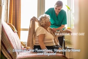 A caring nurse from Kalaimagal Home Care in Coimbatore helps an elderly woman transition smoothly from hospital to home, embodying the seamless care provided during this critical period