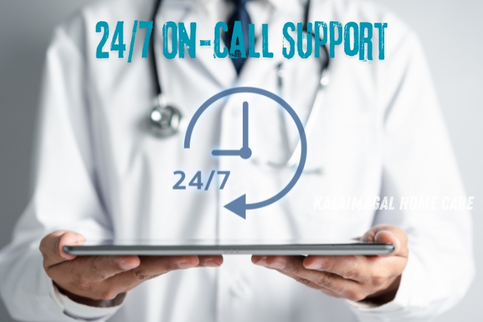 Doctor holding a tablet symbolizing 24/7 on-call support available at Kalaimagal Home Care in Coimbatore, ensuring round-the-clock medical assistance for patients