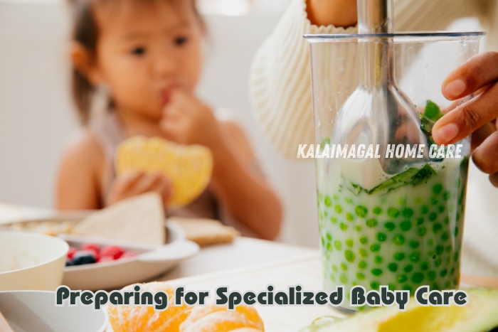 Kalaimagal Home Care in Coimbatore preparing nutritious food as part of specialized baby care services, ensuring healthy meal preparation and expert care for the well-being and growth of infants and toddlers