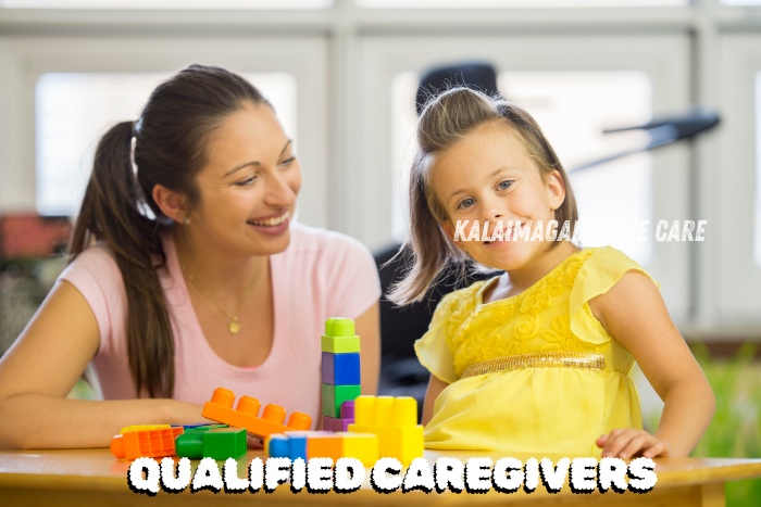 Qualified caregiver from Kalaimagal Home Care in Coimbatore interacting with a young child during playtime, highlighting expert child care services focused on safety, learning, and development in a nurturing home environment