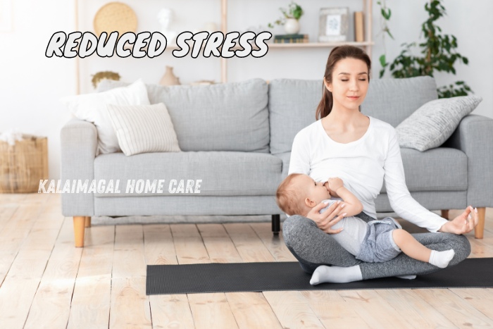 Mother practicing yoga with her baby at home in Coimbatore, highlighting reduced stress through personalized care services provided by Kalaimagal Home Care. Offering comprehensive baby care and wellness support for new mothers to balance health and parenting