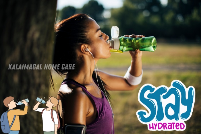 Young woman staying hydrated while exercising outdoors, emphasizing the importance of hydration. Kalaimagal Home Care in Coimbatore provides home nursing and care services, ensuring proper health management, including hydration and nutrition tips for individuals of all ages