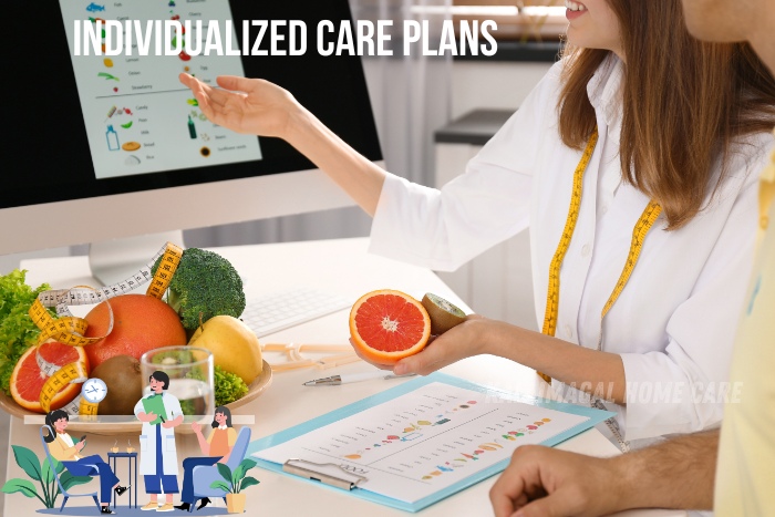 Healthcare professional discussing a personalized nutrition plan with a patient, surrounded by fresh fruits and vegetables. Kalaimagal Home Care in Coimbatore provides individualized care plans tailored to each client's unique health needs