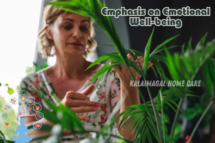 An elderly woman engaging with indoor plants, focusing on emotional well-being and relaxation. Kalaimagal Home Care in Coimbatore emphasizes emotional well-being through personalized care services, including home nursing, elderly care, and patient care