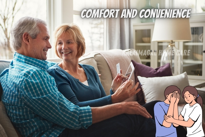 Happy elderly couple relaxing on a sofa, enjoying comfort and convenience in their home. Kalaimagal Home Care in Coimbatore provides personalized home nursing and care services, ensuring comfort and well-being for the elderly