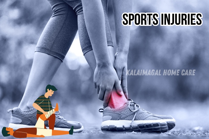 Close-up of a person holding their injured ankle after a sports-related injury. Kalaimagal Home Care in Coimbatore provides specialized home physiotherapy services for sports injuries, helping individuals recover quickly and safely at home.