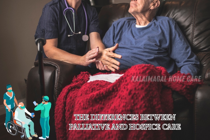 Nurse holding the hands of an elderly patient, providing comfort and care during palliative treatment at home. Kalaimagal Home Care in Coimbatore offers expert palliative and hospice care services, helping families understand the differences and providing compassionate end-of-life care.