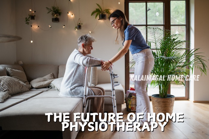 Physiotherapist assisting an elderly woman with walking exercises at home in a cozy, well-lit living room. Kalaimagal Home Care in Coimbatore offers compassionate home physiotherapy services, ensuring personalized care and support for the elderly.