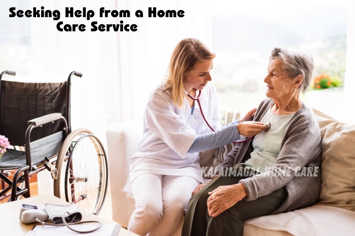 Caregiver checking the health of an elderly woman at home, highlighting the benefits of seeking help from a home care service. Kalaimagal Home Care in Coimbatore provides trusted home nursing services to support the elderly with personalized and compassionate care