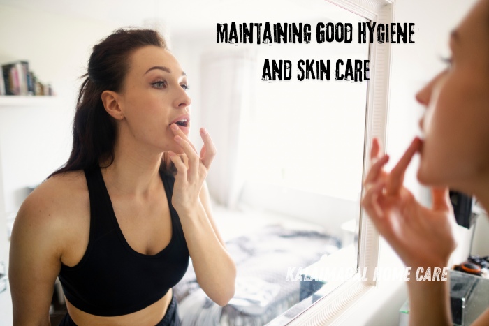 Woman looking in the mirror and caring for her skin, emphasizing the importance of good hygiene and skin care. Kalaimagal Home Care in Coimbatore provides personal care services, helping clients maintain hygiene and skin care routines at home.