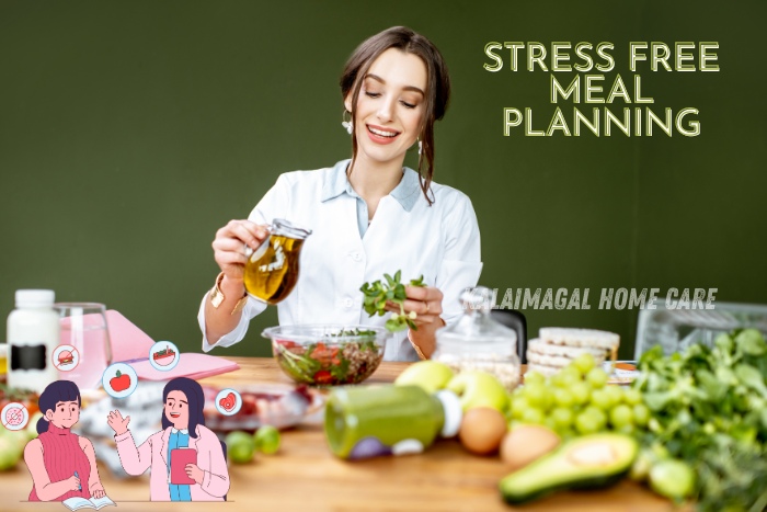 Young woman happily preparing a healthy meal with fresh ingredients, highlighting stress-free meal planning. Kalaimagal Home Care in Coimbatore offers home cook services to make meal planning and preparation easy for families and elderly individuals