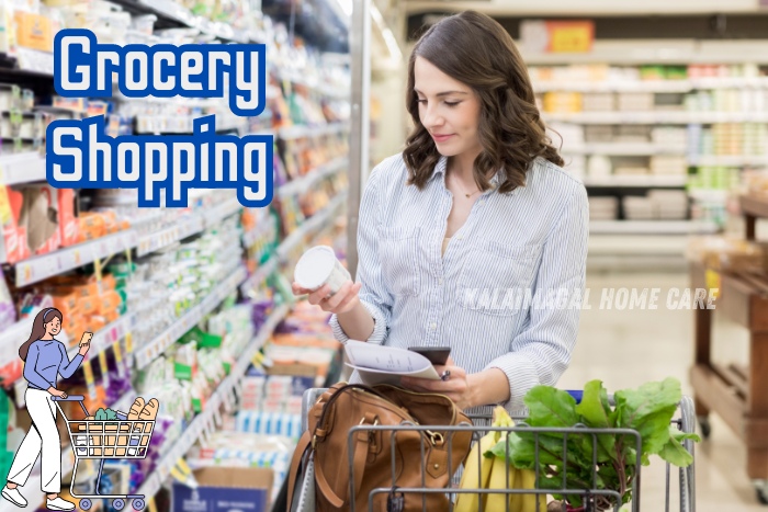 Young woman shopping for groceries, carefully reading labels in a supermarket aisle. Kalaimagal Home Care in Coimbatore provides home maid services, including grocery shopping assistance for elderly and home-bound clients