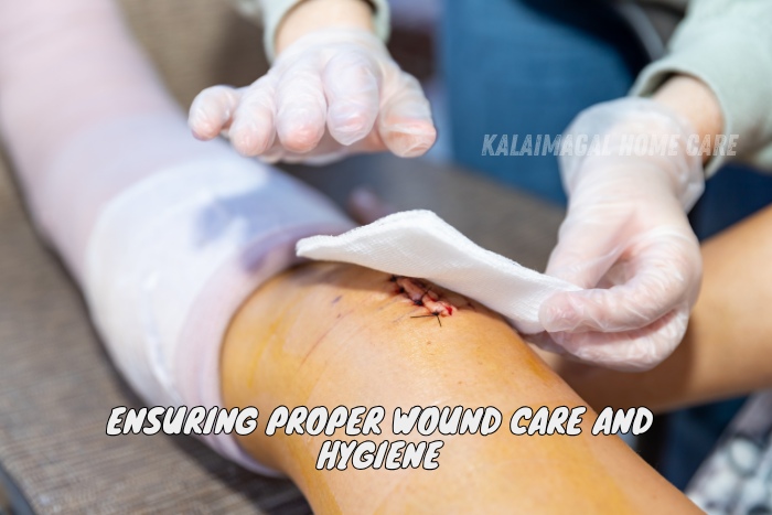 Caregiver carefully cleaning and dressing a wound on a patient's leg, focusing on proper wound care and hygiene. Kalaimagal Home Care in Coimbatore offers expert wound care services at home, ensuring safe and hygienic healing for patients