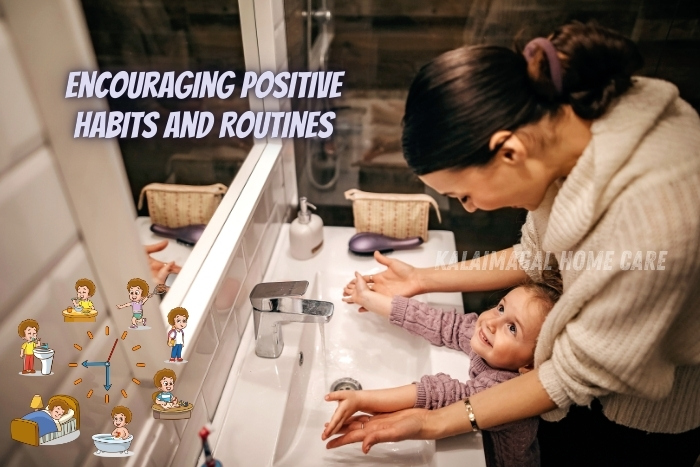 Mother guiding her young child in washing hands, promoting positive habits and routines. Kalaimagal Home Care in Coimbatore offers baby care services that encourage healthy routines and positive habits for children, supporting their growth and hygiene