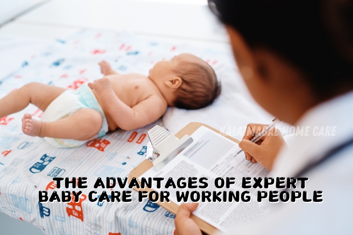 Newborn baby lying on a bed with a caregiver taking notes, highlighting the benefits of expert baby care for working parents. Kalaimagal Home Care in Coimbatore provides professional baby care services, offering reliable support for busy families