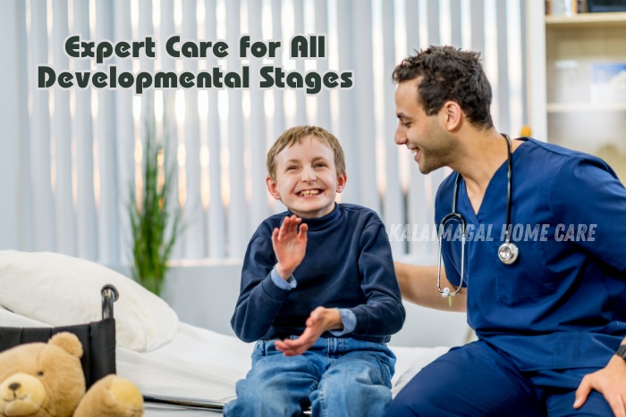 Smiling caregiver providing support to a happy child, emphasizing expert care for all developmental stages. Kalaimagal Home Care in Coimbatore offers specialized care for children at various stages of growth, ensuring a nurturing environment tailored to individual needs.