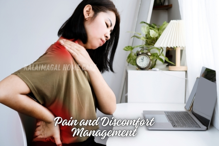 Woman experiencing shoulder pain while working at a desk, emphasizing the need for pain and discomfort management. Kalaimagal Home Care in Coimbatore provides home-based physiotherapy and pain management services to alleviate discomfort and improve mobility