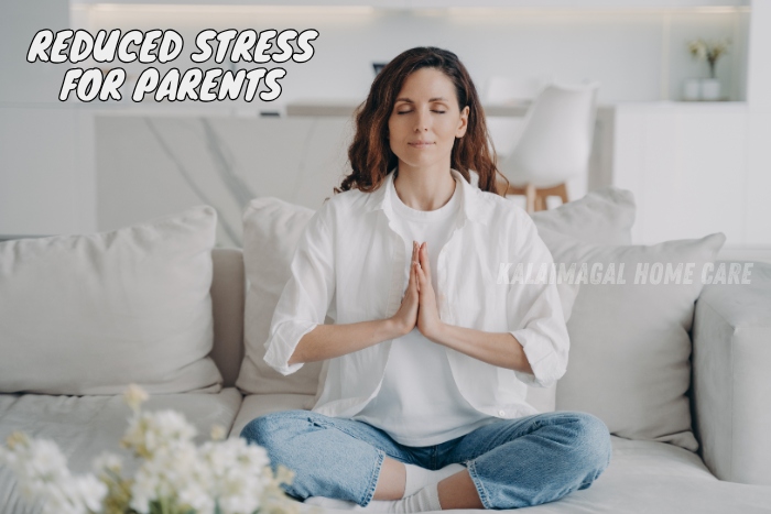 Relaxed woman meditating on a sofa, symbolizing reduced stress for parents. Kalaimagal Home Care in Coimbatore offers reliable in-home child care and support services, allowing parents to focus on self-care and work with peace of mind