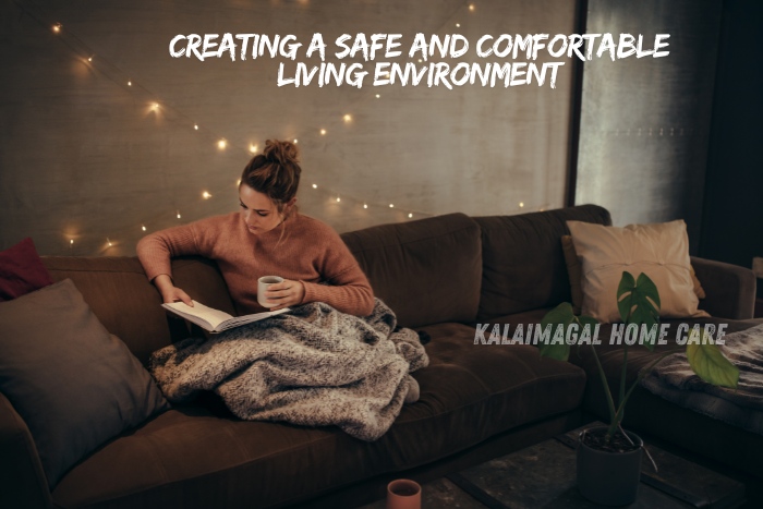 Young woman relaxing on a cozy sofa with a warm blanket, highlighting the importance of a safe and comfortable living environment. Kalaimagal Home Care in Coimbatore focuses on creating a secure and comfortable atmosphere for clients through personalized home care services